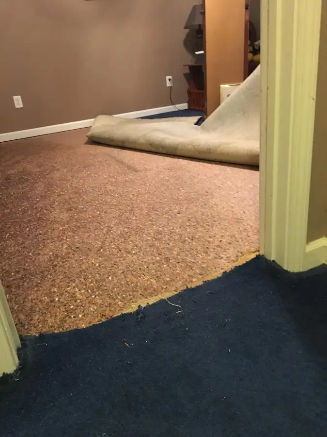 Carpet pad removal revealing water damage during Drying & Dehumidification in Grass Lake
